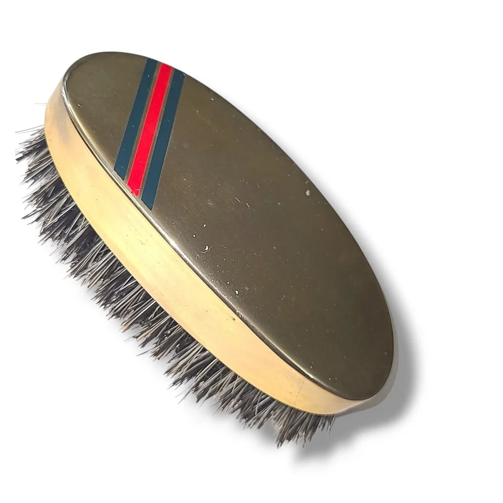 Vintage Italian Horsehair Shoe Brush Brass Red Blue Stripe Oval Leather Care 5